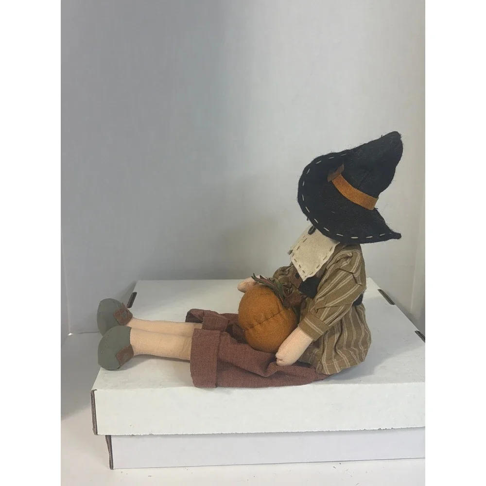 Pilgrim Boy Shelf Sitter Thanksgiving Decor Cloth Doll with Pumpkin 14 Inch